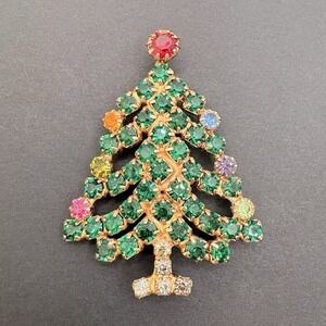Vintage Hobe Christmas Tree Brooch Rhinestones Ornaments Gold Tone 1950s MCM